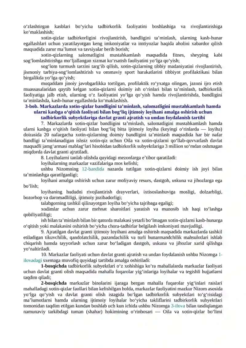 MAHALLALARDA XOTIN-QIZLARNING BANDLIGINI TA’MINLASH VA SALOMATLIGINI MUSTAHKAMLASH MARKAZLARI FAOLIYATINI TASHKIL ETISH CHORA-TADBIRLARI TO‘G‘RISIDA 4