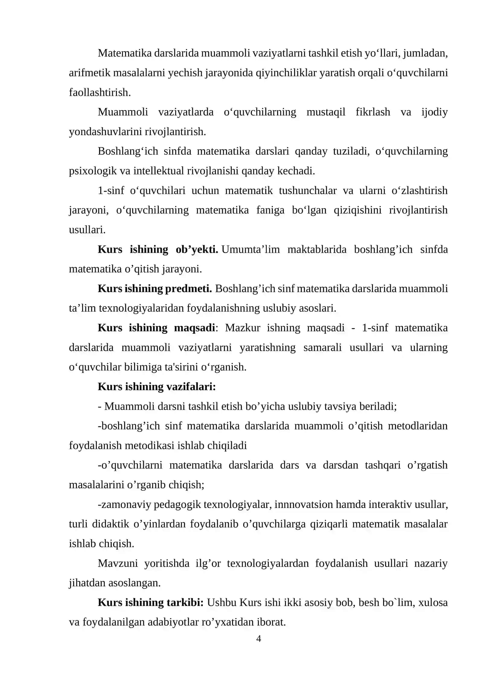 BOSHLANG’ICH SINFLARDA MATEMATEKA TA’LIMIDA MUOMMOLI VAZIYATLARNI TASHKIL ETISH IMKONIYATLARI.  KURS ISHI 4