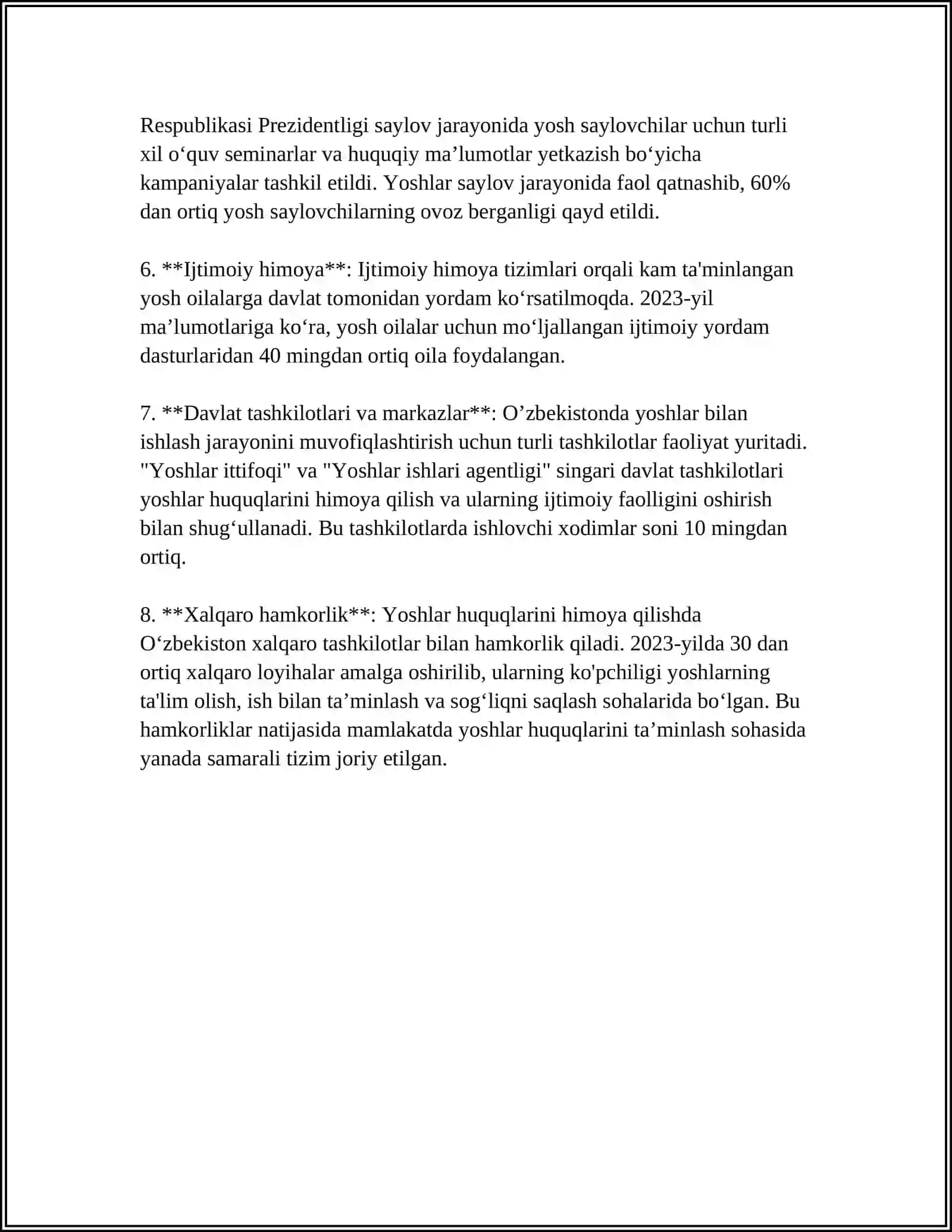 DAVLAT YOSHLARNING SHAXSIY, SIYOSIY, IQTISODIY, IJTIMOIY, MADANIY EKOLOGIK HUQUQLARI HIMOYA QILINISHI 4
