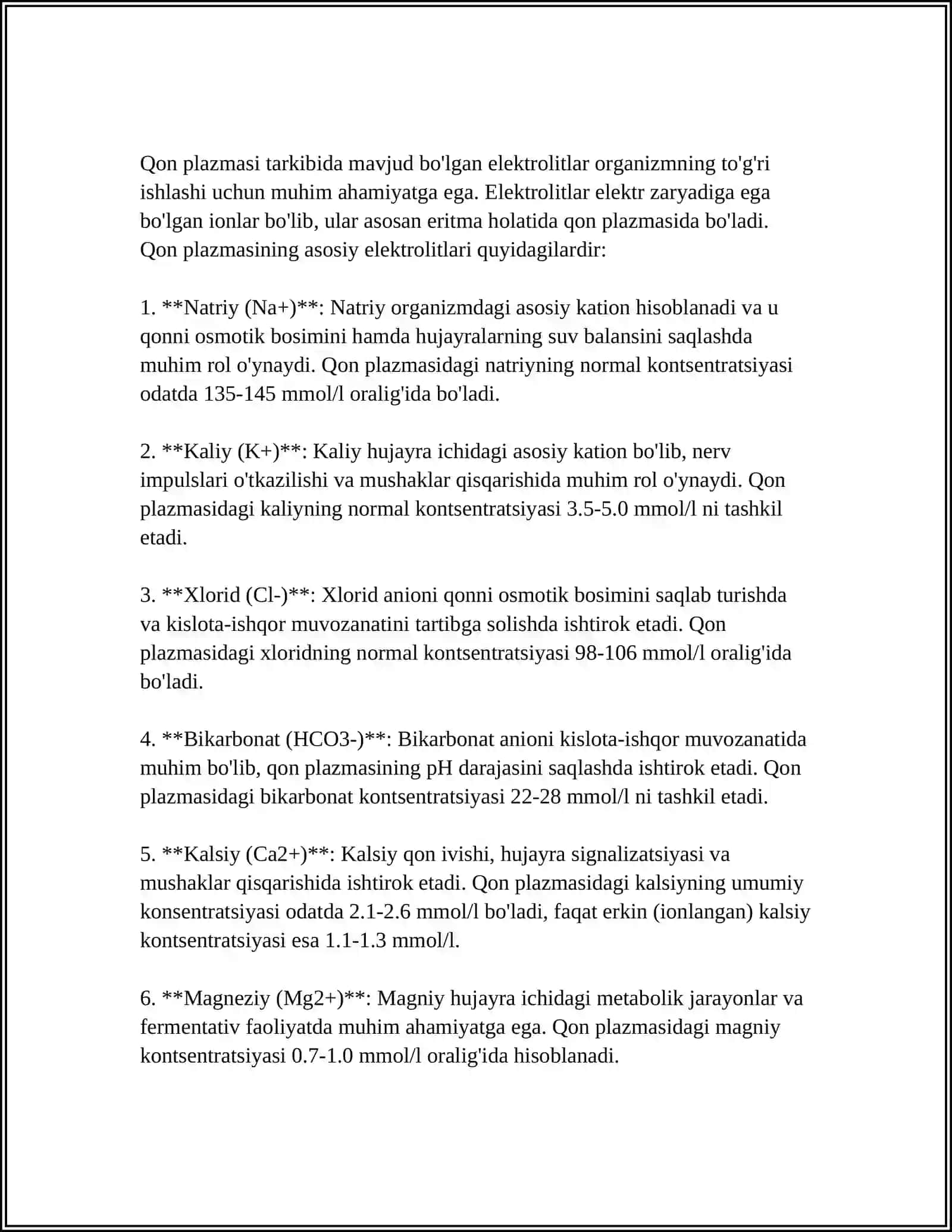 ORGANIZMNING BIOLOGIK SUYUQLIKLARI ELEKTROLIT VA NOELEKTROLITLAR ERITMALARI SIFATIDA 4