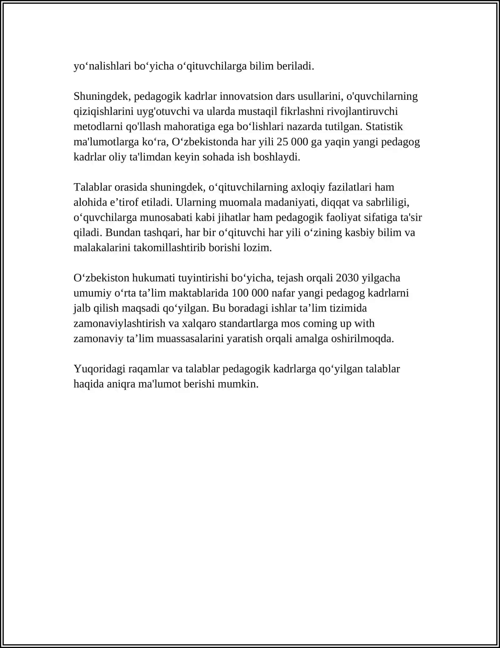 O'ZBEKISTON RESPUBLIKA TA'LIMI. PEDAGOGLIK KASBI VA UNING VAZIFALARI 4