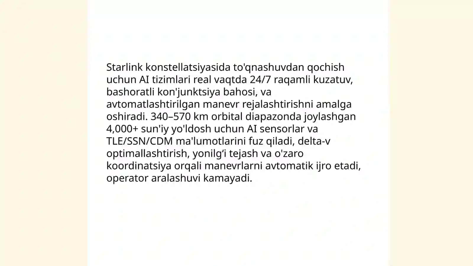 Sun'iy yo'ldoshlar traektoriyasini boshqarish (Starlink (SpaceX) AI) 4