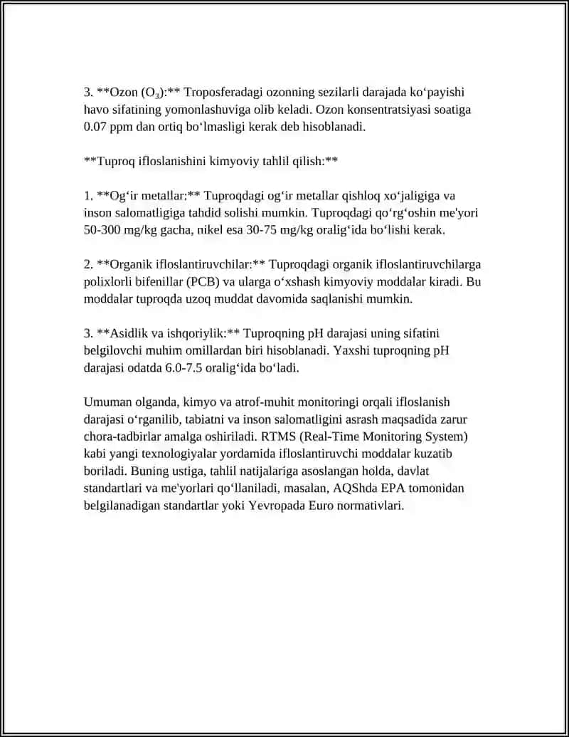 Kimyo va atrof-muhit monitoringi: suv, havo va tuproqdagi ifloslanishlarni kimyoviy tahlil qilish 4