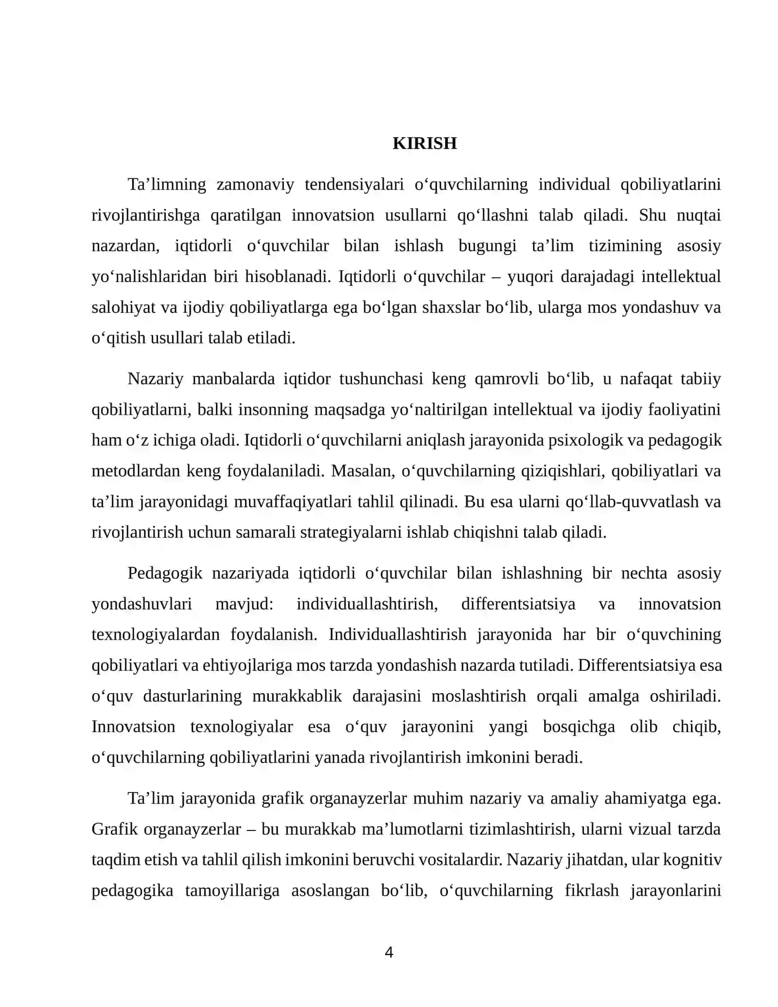 TALABALARDA “IQTIDORLI O‘QUVCHILAR BILAN ISHLASH METODIKASI” KO‘NIKMASINI RIVOJLANTIRISH TEXNOLOGIYALARI 4