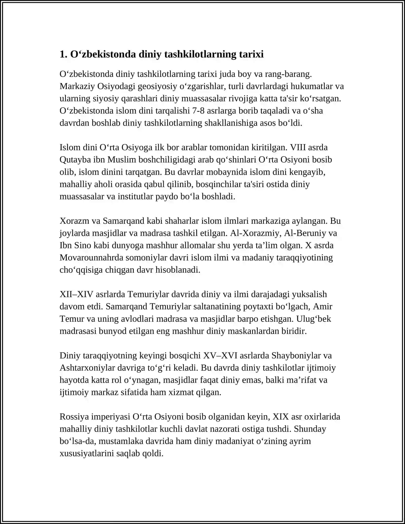 O'ZBEKISTONDA FAOLIYAT YURITUVCHI DINIY TASHKILOTLAR. XALQARO DINIY TASHKILOTLAR FAOLIYATINING TARIXI VA ULARNING BARQAROR RIVOJLANISH MAQSADLARIGA ERISHISHDAGI AHAMIYATI 4