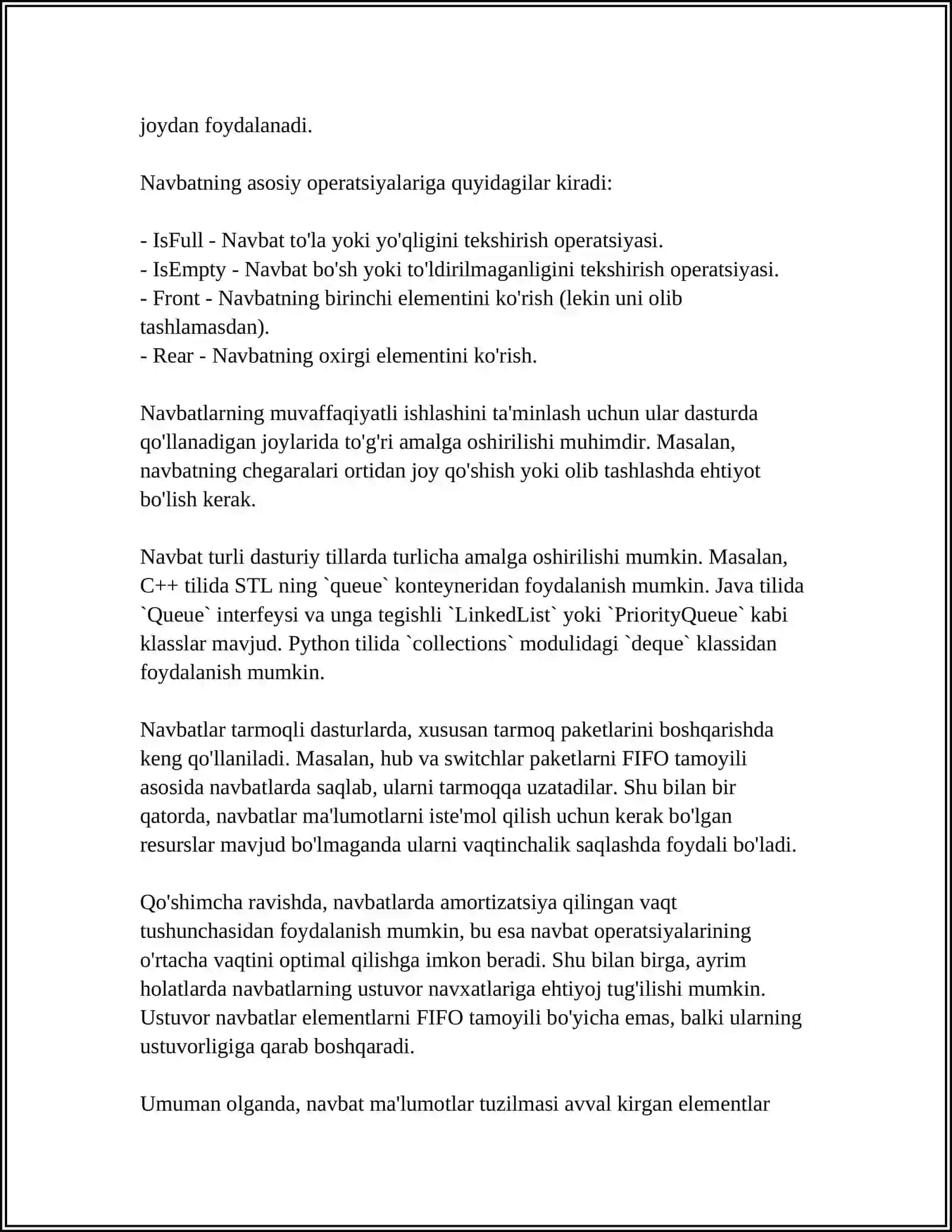 Navbat ma'lumotlar tuzilmasi va uning amaliy qo'llanilishi 4
