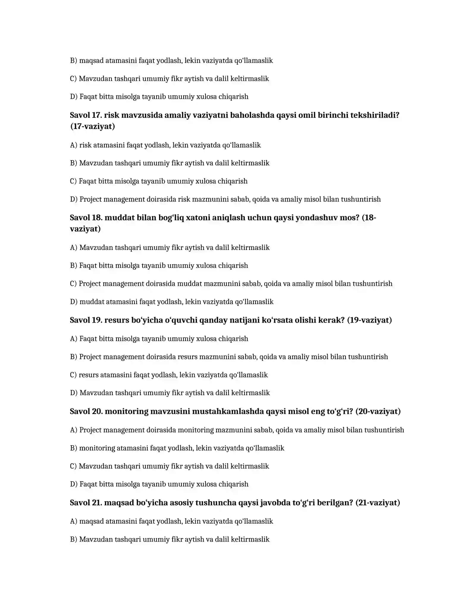 Loyiha boshqaruvi asoslari — 100 test 4