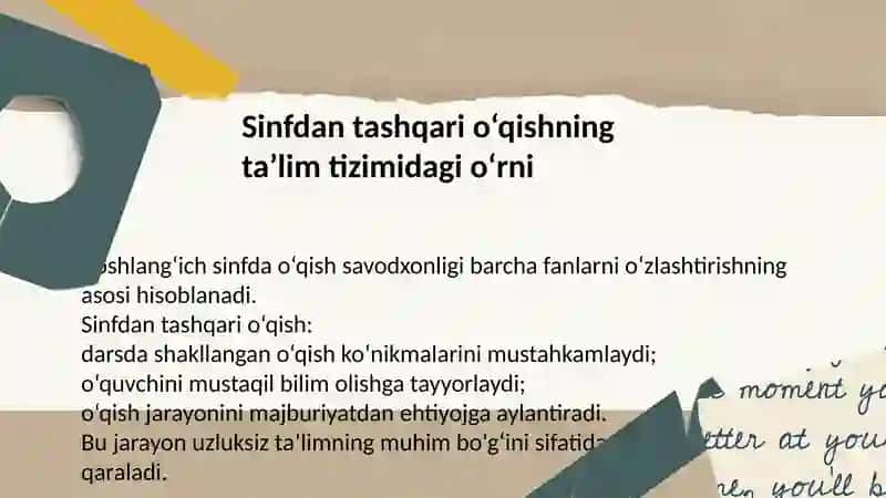 Sinfdan tashqari o'qish darslarini tashkil qilish metodikasi prezentatsiya 4