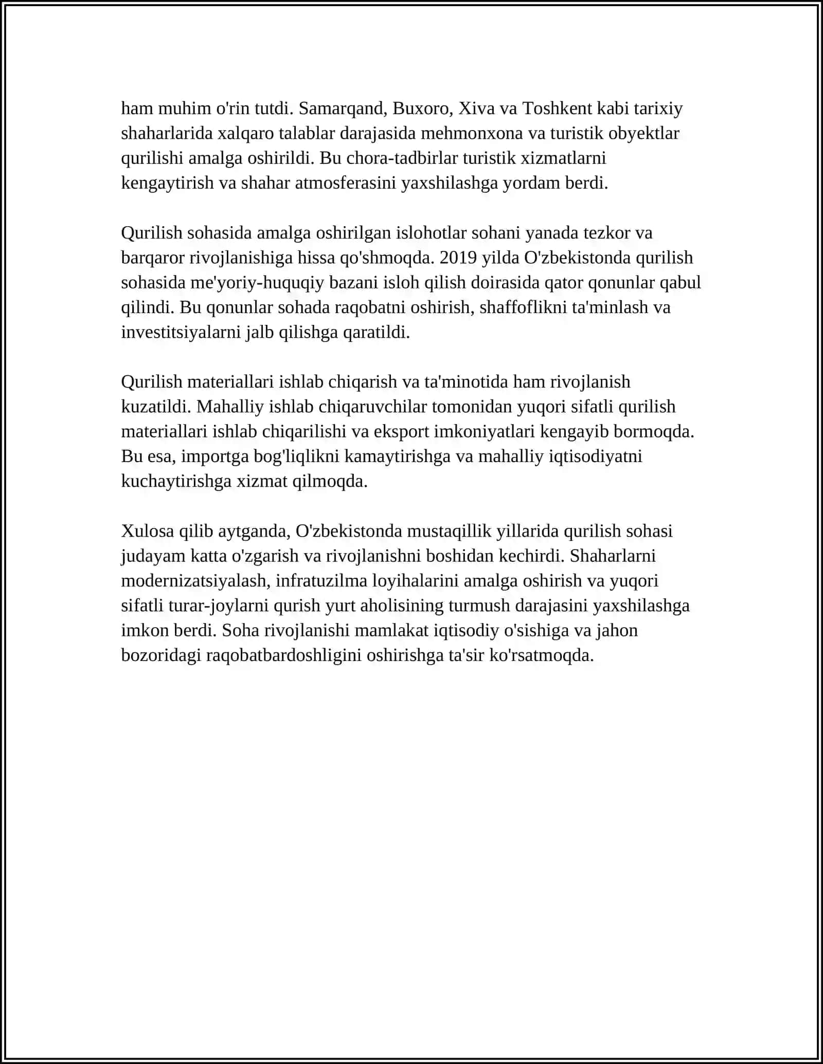 OʻZBEKISTONDA MUSTAQILLIK YILLARIDA RESPUBLIKANI RIVOJLANTIRISH YOʻLIDA QURILISH YOʻNALISHLARINING TAHLILI 4