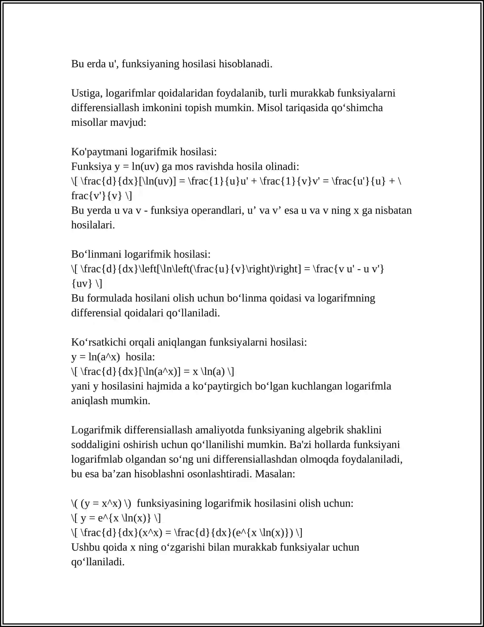LOGARIFMIK HOSILA. DARAJA KO'RSATKICHLI FUNKSIYANING HOSILASI 4