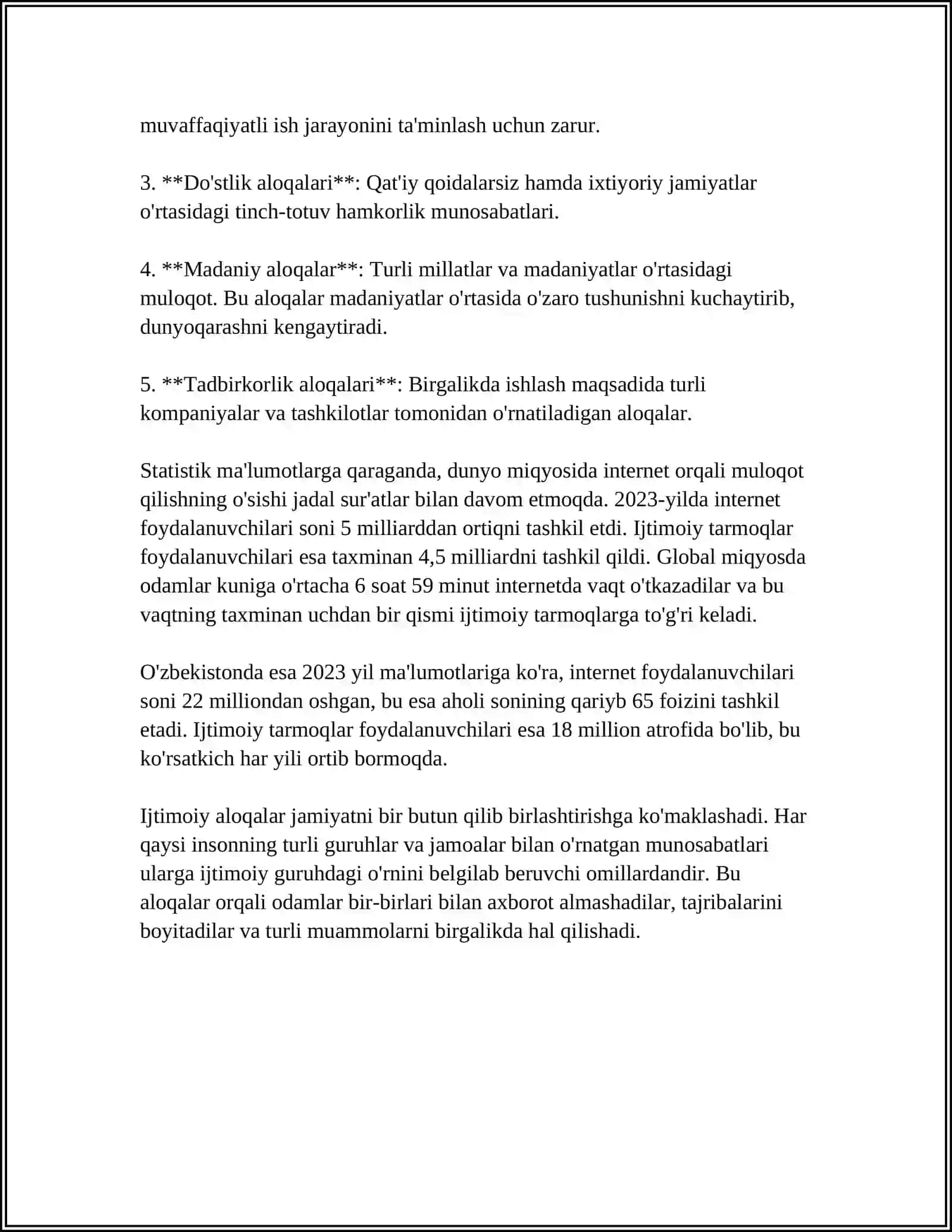 MUSTAQIL ISH Mavzu: MULOQOT IJTIMOIY VA SHAXSLAR ARO MUNOSBATLARNING IFODA SIFATIDA TAVSIF QILISH 4