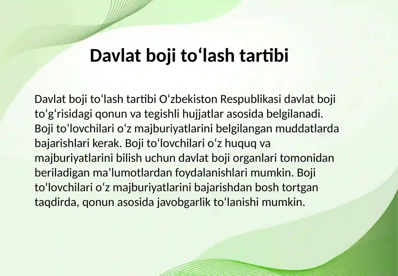 Davlat boji tushunchasi uni toʻlash va davlat boji stafkalarining miqdorini Oʻzbekiston respublikasi davlat boji toʻgʻrisidagi qonun va tegishli hujjatlar hamda protsessual qonunchilik. 4