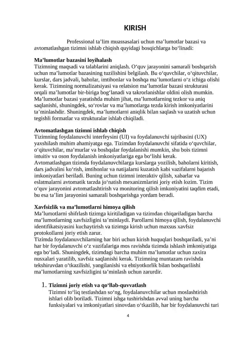 Professional ta’lim muassasalari uchun ma’lumotlar bazasini va avtomatlashgan tizimni ishlab chiqish 4