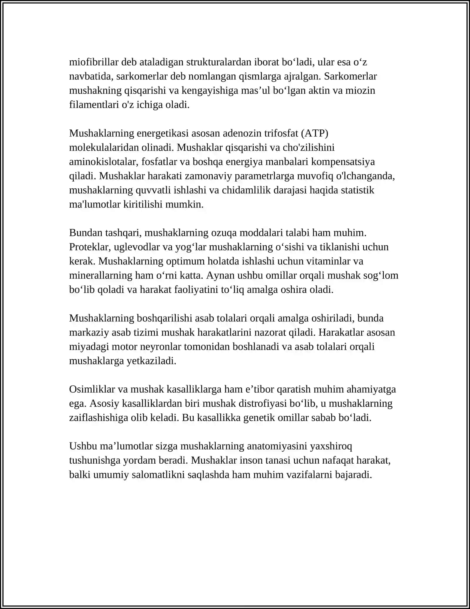 MUSHAKLARNING ISHI VA BIOMEXANIKASI. SPORT VA JISMONIY MEHNATNING MUSHAKLARGA TAʼSIRI 4