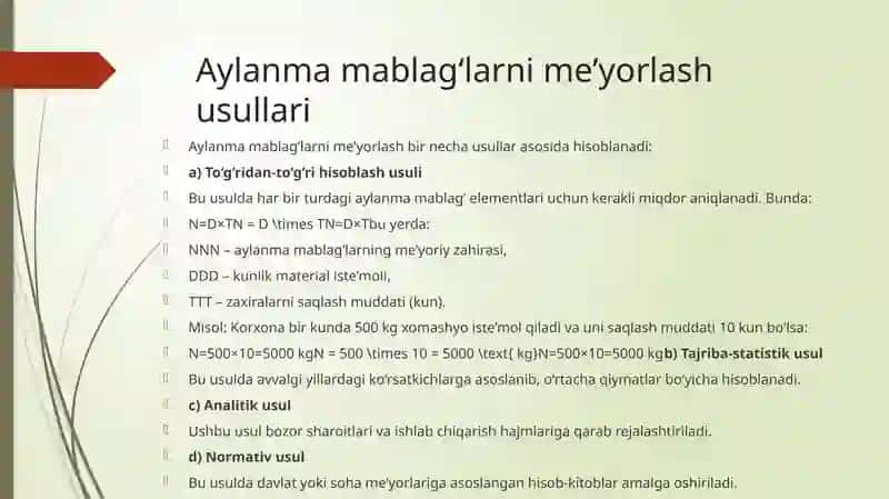 Korxonaning aylanma mablag'larini meyorlash ko'rsatkichlarini hisoblash 4