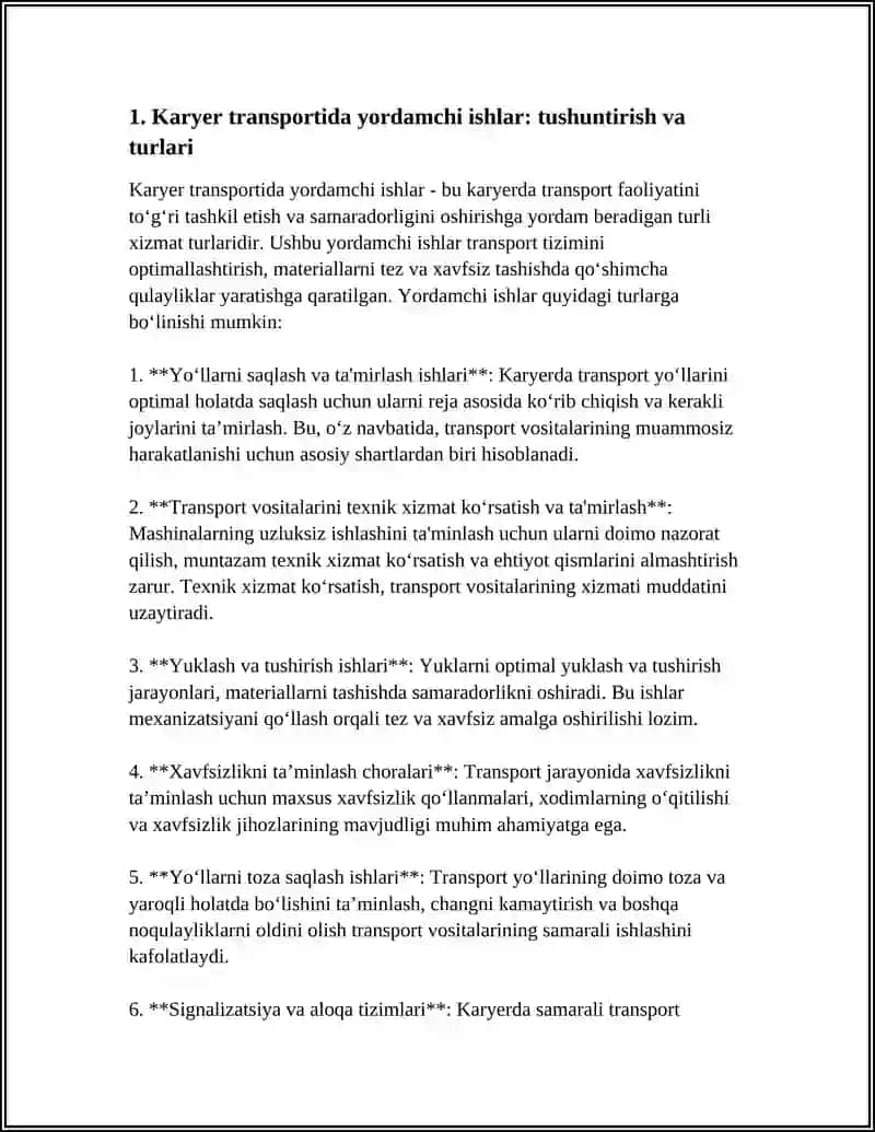 KARYER TRANSPORTIDA YORDAMCHI ISHLAR VA ULARNI MEXANIZATSIYALASH 4