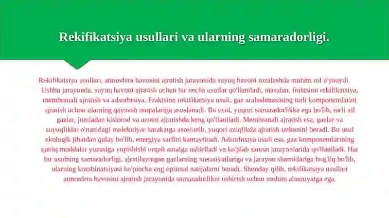 Atmosfera havosini ajratish uchun suyuq havoni rekfikatsiya qilish 4