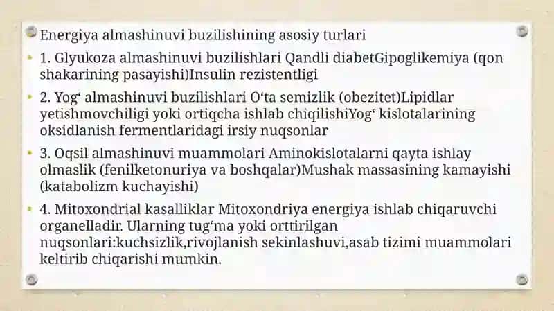 ENERGIYA ALMASHINUVINING BOSHQARILISHI. MITAXONDRIAL KASALLIKLAR. GIPERENERGETIK HOLATLAR. GLYUKOZA TASHUVCHILARNING TUZILISHI, SPESIFIKLIGI, KLINIK AHAMIYATI. GLIKOGEN KASALLIKLARI. UGLEVODLAR ALMASHINUVI BOSHQARILISHINING BUZILISHI 4