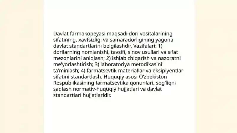 Davlat farmakopeyasi. Tarixi. Tuzilishi. Dorilarning sanoat texnologiyasi asosiy tushunchalari va atamalari (MH, reglament, VFS, FS, FSP, TU va TI) 4