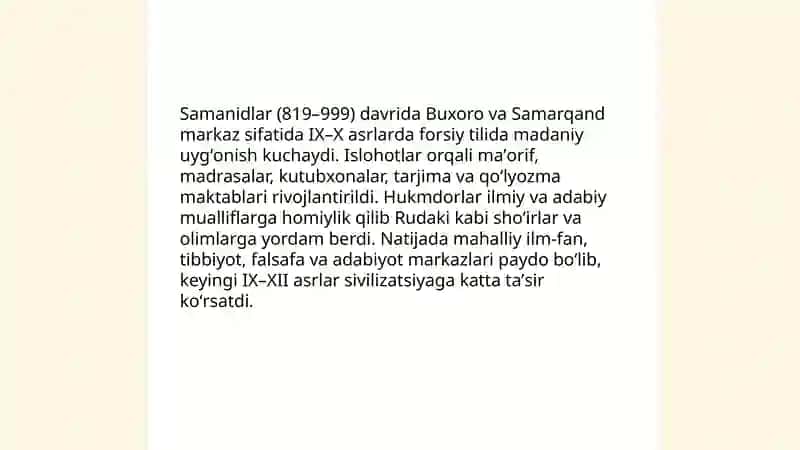 IX-XII asrlarda mamlakatimiz hududida roʻy bergan madaniy uygʻonish 4