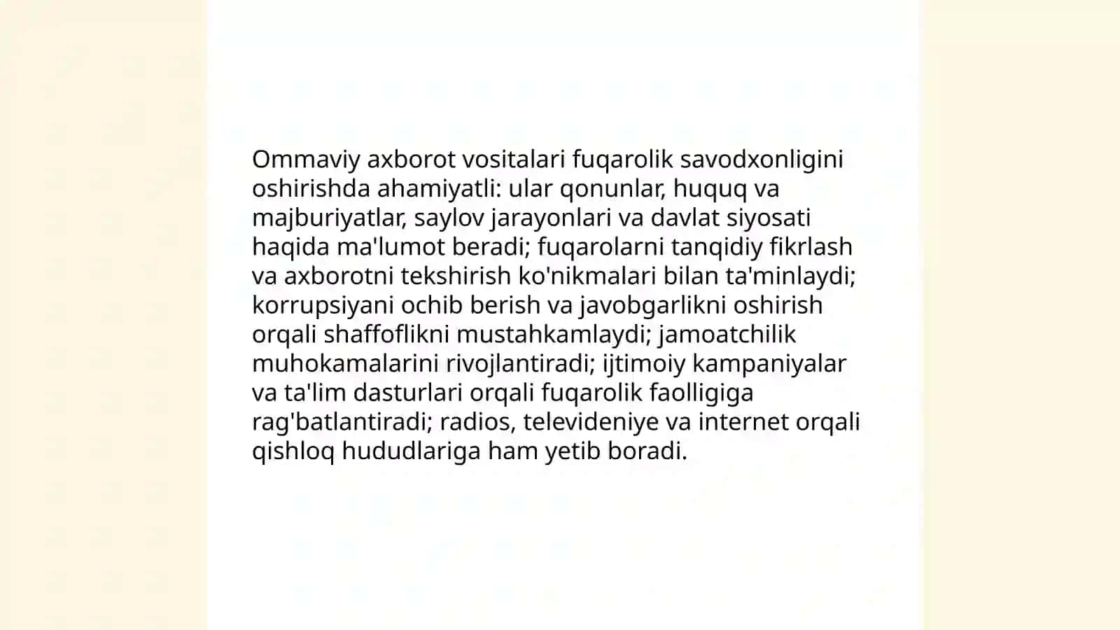 Oʻzbekistonning demokratik rivojlanishi va fuqarolarning jamiyat hayotidagi faolligini oshirishda ommaviy axborot vositalari va ahborotning ahamiyati 4