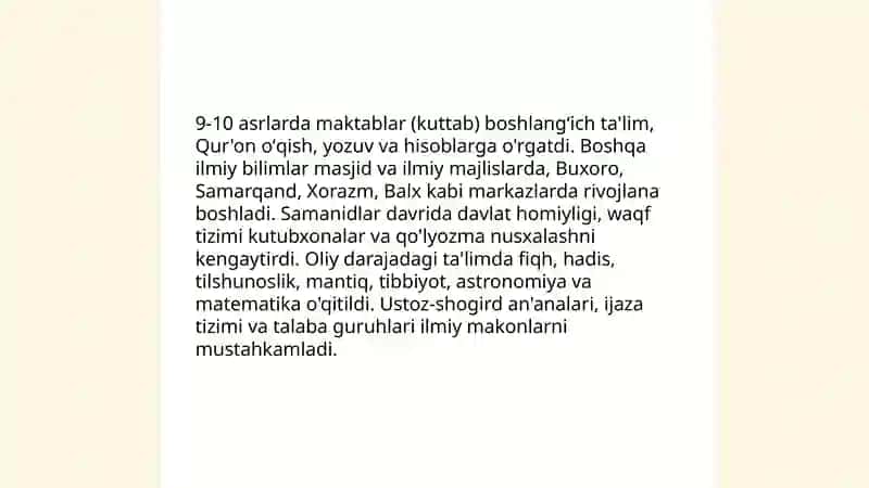 9-10 asrlarda mamlakatimiz hududida roʻy bergan madaniy uygʻonish. Buyuk allomalarning jahon svilizatsiyasiga qoʻshgan hissasi 4