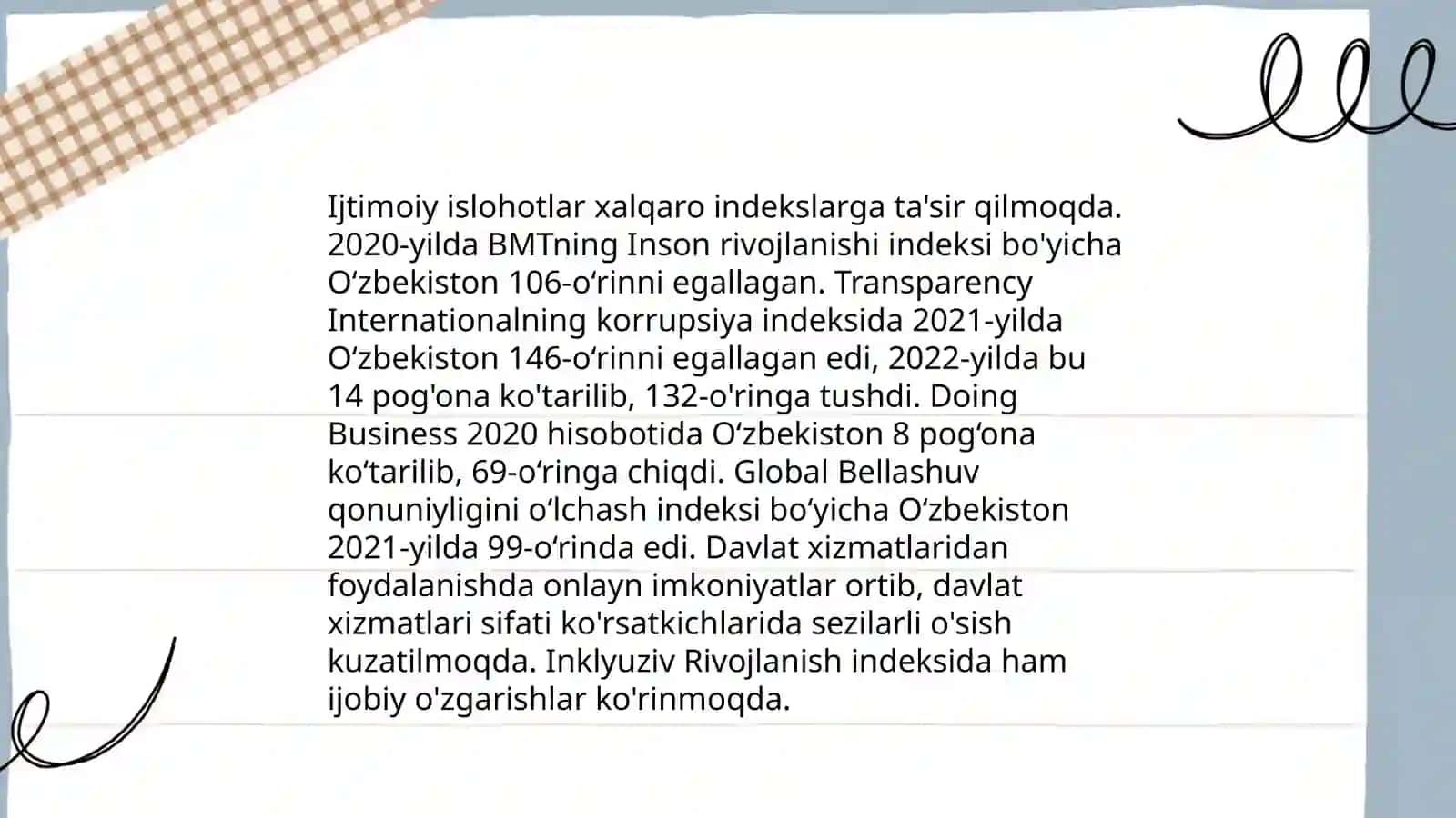 Yangi O'zbekiston ijtimoiy siyosiy va madaniy hayotida ro'y berayotgan o'zgarishlarning xalqaro reyting va indekslari 4