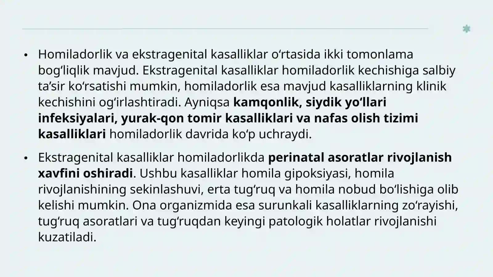 Homiladorlik va ekstragenital kasalliklar kamqonlik siydik yu’li infeksiyasi yurak-qont omir vanafasi solishtizim bilan bog’liq kasalligini boshqarish 4