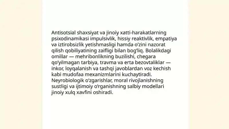 Jinoiy xulq-atvorning psixologik mexanizmlari va ularni aniqlash usullari va Jinoiy guruhlarda yetakchilik va bo‘ysunish munosabatlarining psixologiyasi 4