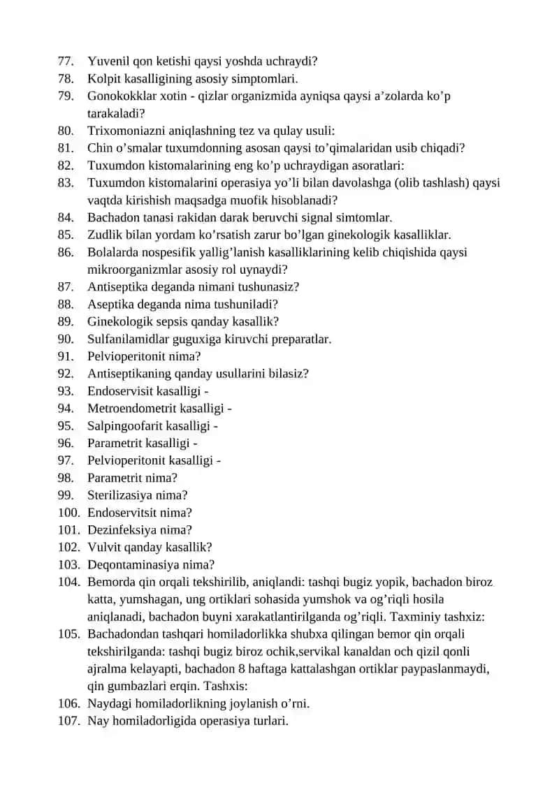 AKUSHERLIK VA GINEKOLOGIYADA HAMSHIRALIK ISHI FANIDAN TEST SAVOLLARI 4