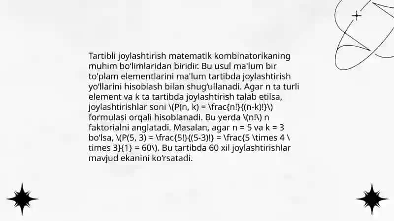 Kombinatorika elementlari.Órinlashtirish,órin almashtirish. 4