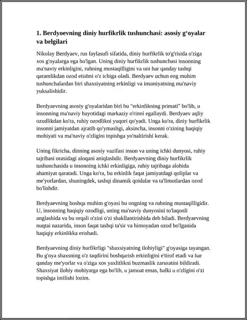 BERDYOEVNING DINIY HURFIKRLIK HAQIDAGI GʻOYALARI VA ULARNI TAHLIL QILISH 4