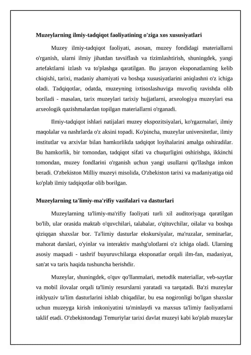 Ilmiy-ma’rifiy muassasalar sifatida muzeylar faoliyati refarati 4