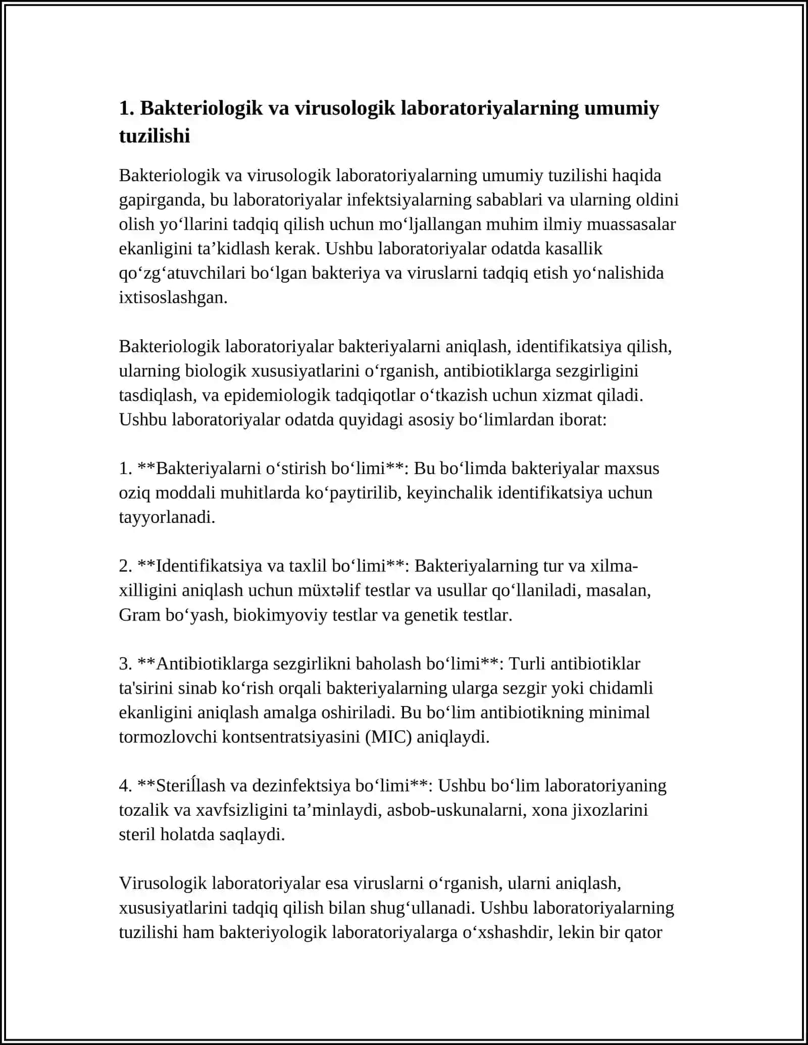 BAKTERIOLOGIK VIRUSOLOGIK VA IMMUNOLOGIK LABORATORIYALAR TUZILISHI,JIHOZLANISHI VA ISHLASH QOIDALARI 4