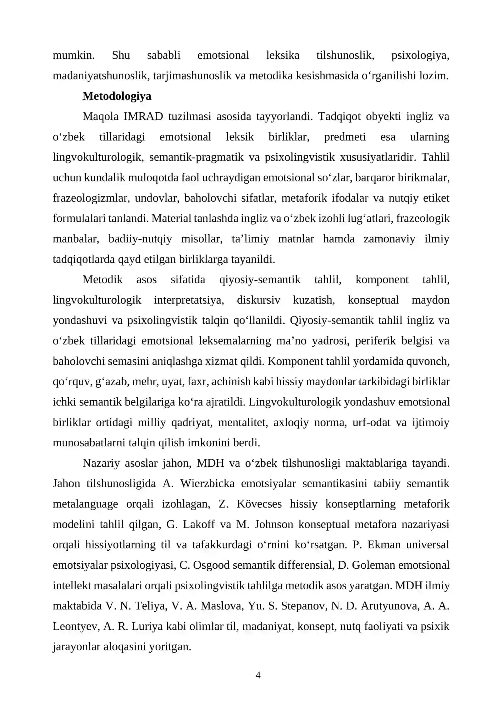 INGLIZ VA O‘ZBEK TILLARIDA EMOTSIONAL LEKSIKANING LINGVOKULTUROLOGIK VA PSIXOLINGVISTIK TAHLILI 4