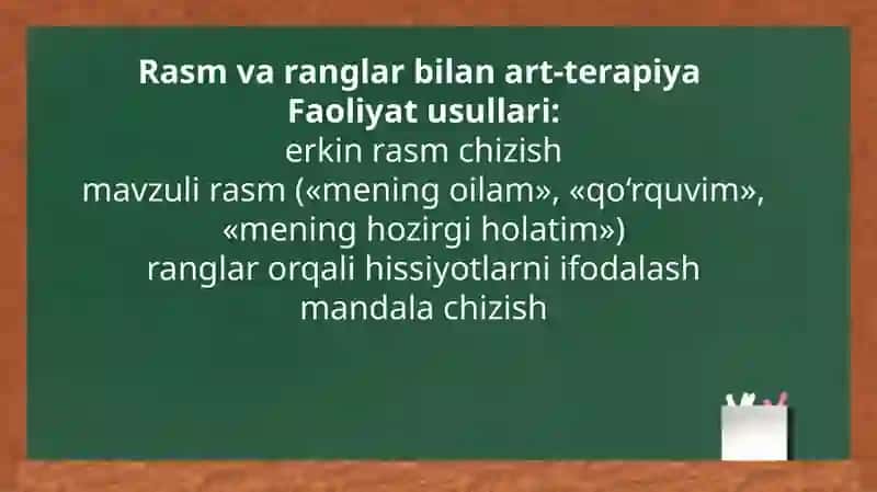 Art-terapiya turlari, o’zaro ta’sir va faoliyat  usullari 4