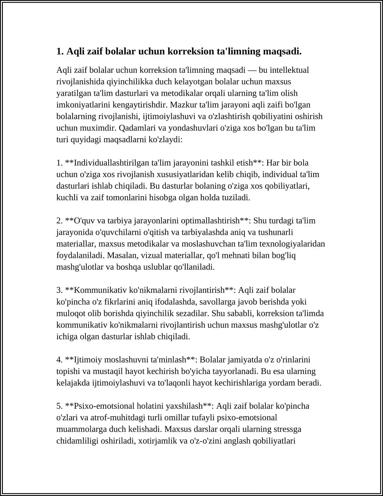 OʻRTA VA OGʻIR DARAJADAGI AQLI ZAIF BOLALAR BILAN OLIB BORILADIGAN KORREKSION - TARBIYAVIY ISHLARNING MAQSAD VA VAZIFALARI 4