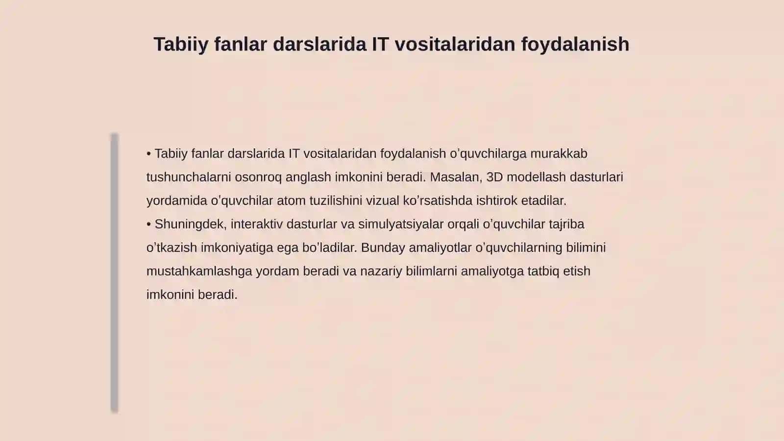 Boshlangʻich taʼlim tabiiy fanlar darslarida axborot texnologiyalaridan foydalanishga oid taqdimot tayyorlash 4