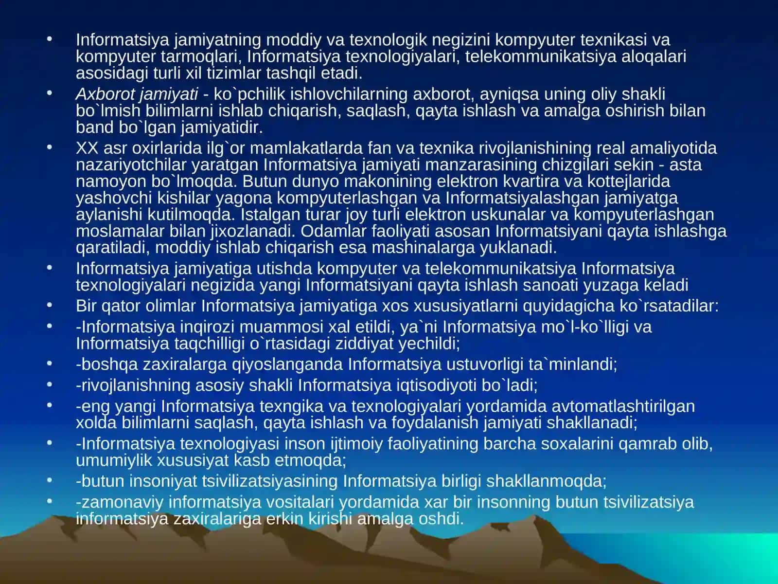 Fayzullaev Islombekning “Informatika va axborot texnologiyalari” fanidan TAQDIMOT 4