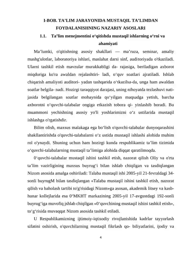 TALIM MENEJMENTINI O‘QITISHDA FOYDALANILADIGAN MUSTAQIL ISH TURLARI VA ULARNING SAMARADORLIK DARAJASI 4