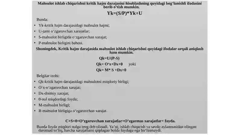 Mahsulot (ish, xizmat)larning kritik hajm darajasi va uning omilli tahlili. 4