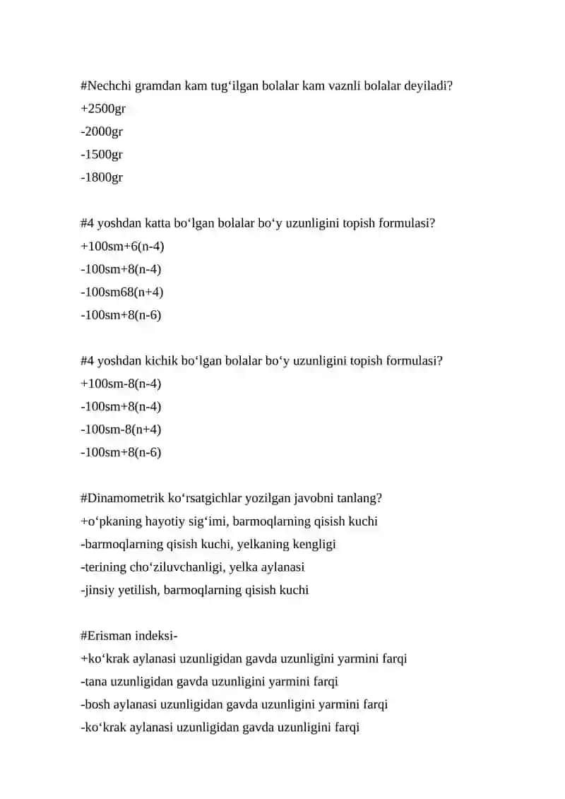 Bolalar kasalliklar propedevtikasi-BKP fanidan 500 talik test, javoblari bilan 4