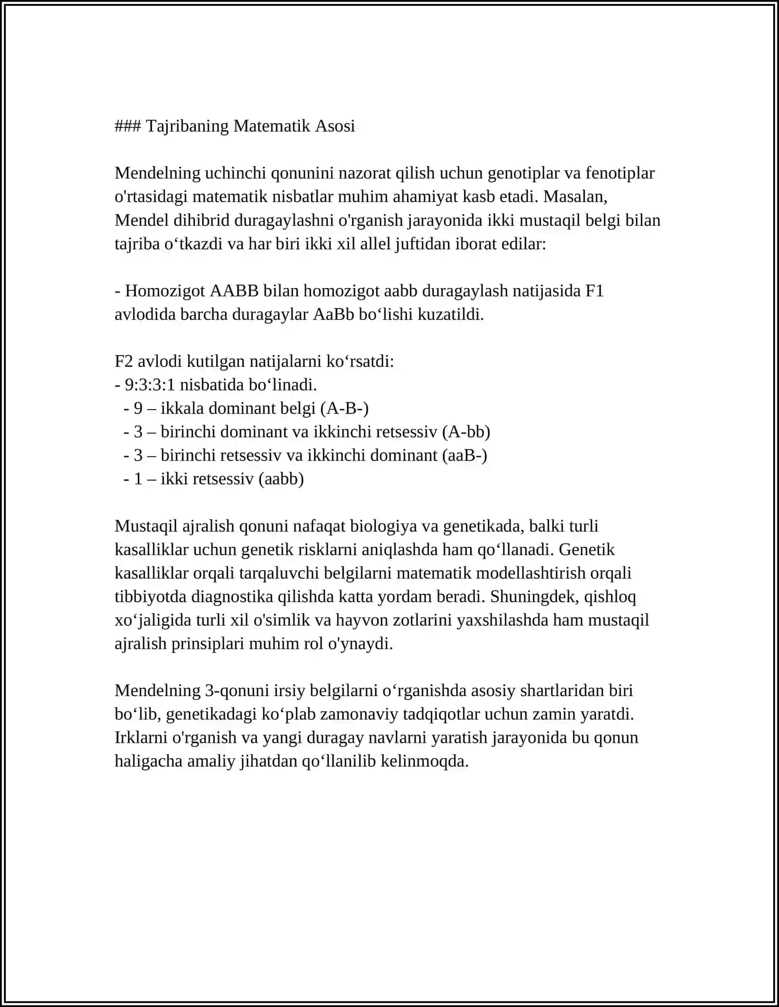 ALLELMAS GENLARNING O’ZARO TA’SIRI MENDELNING 3-QONUNI 4