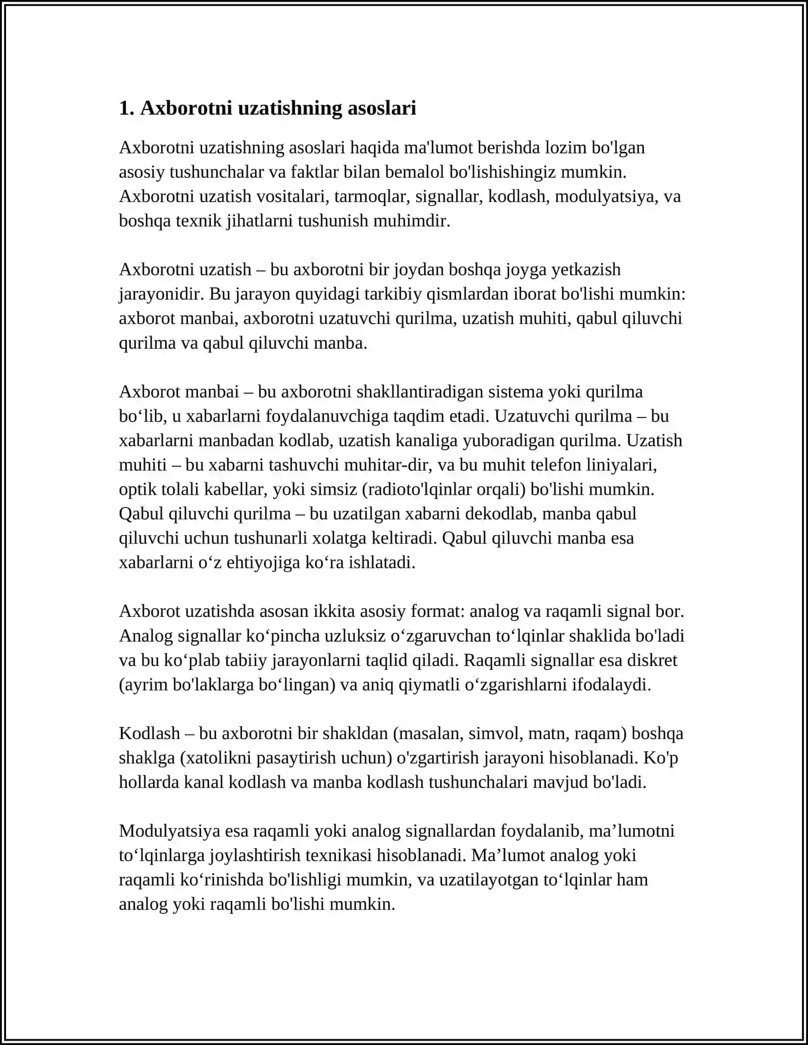AXBOROTNI UZATISH. ALOQA TARMOGʻI ORQALI AXBOROTNI UZATISHNING UMUMIY SXEMASI 4