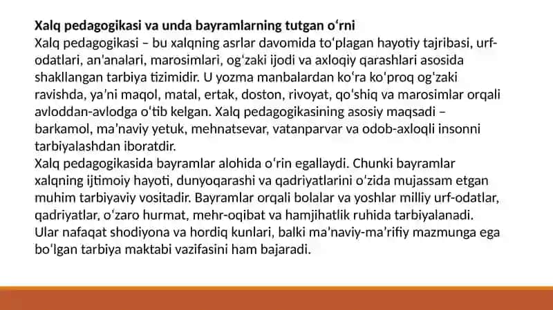 Xalk pedagogikasidan mavsumiy va diniy bayramlarining mazmun moxiyati va tarbiyaviy ahamyati 4