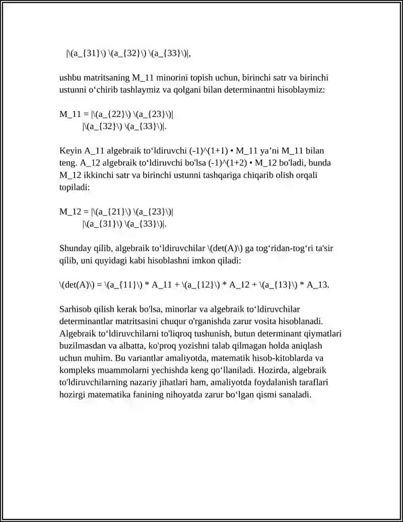 Minorlar va Algebraik To'ldiruvchilar 4