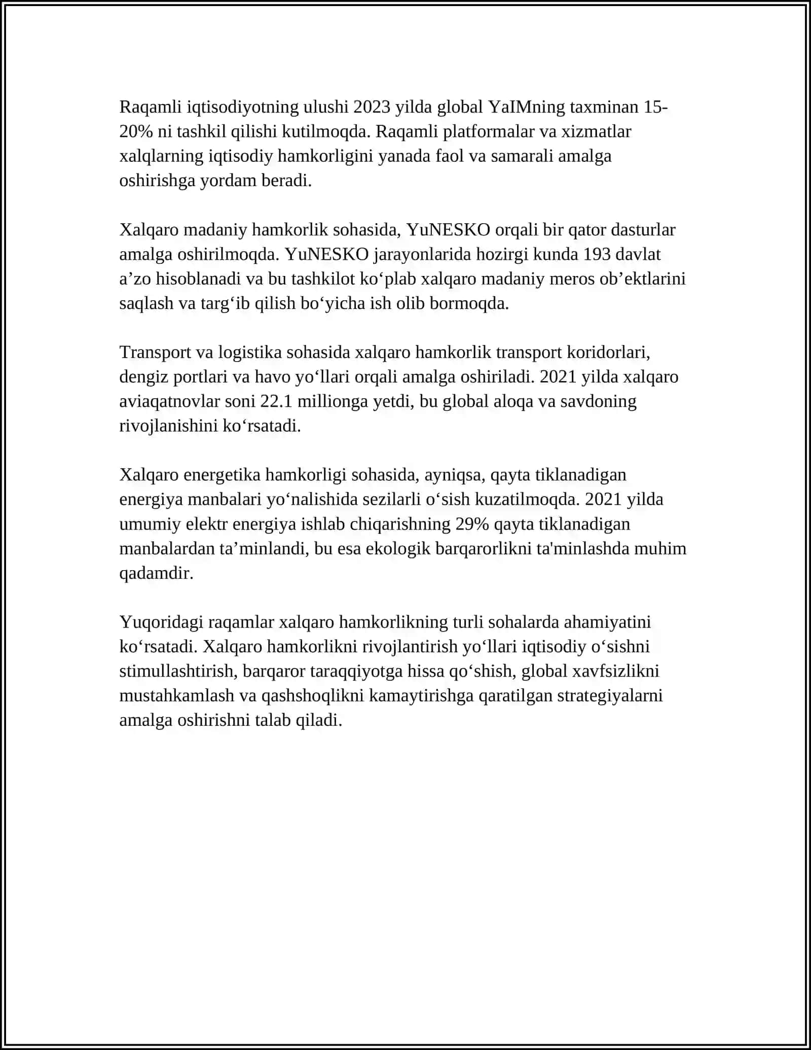 O‘ZBEKISTON RESPUBLIKASINING XALQARO MUNOSABATLARDAGI TENG HUQUQLI SUB'EKTI SIFATIDAGI ROLINI OSHIRISH VA IMKONIYATLARI 4