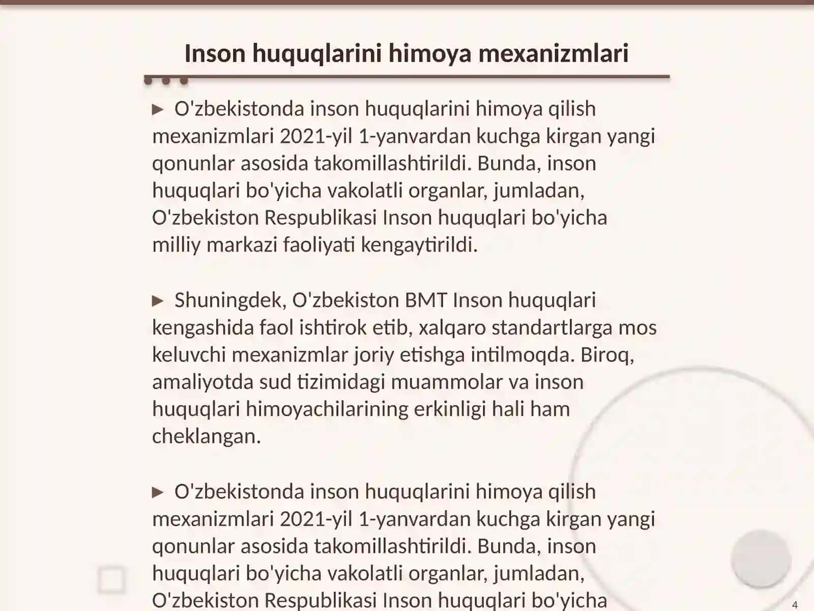 Yangi Õzbekistonda inson haq-huquqlari va erkinliklari kafolatining yaratilishi mavzuga oid manbalarni tahlil qilish 4