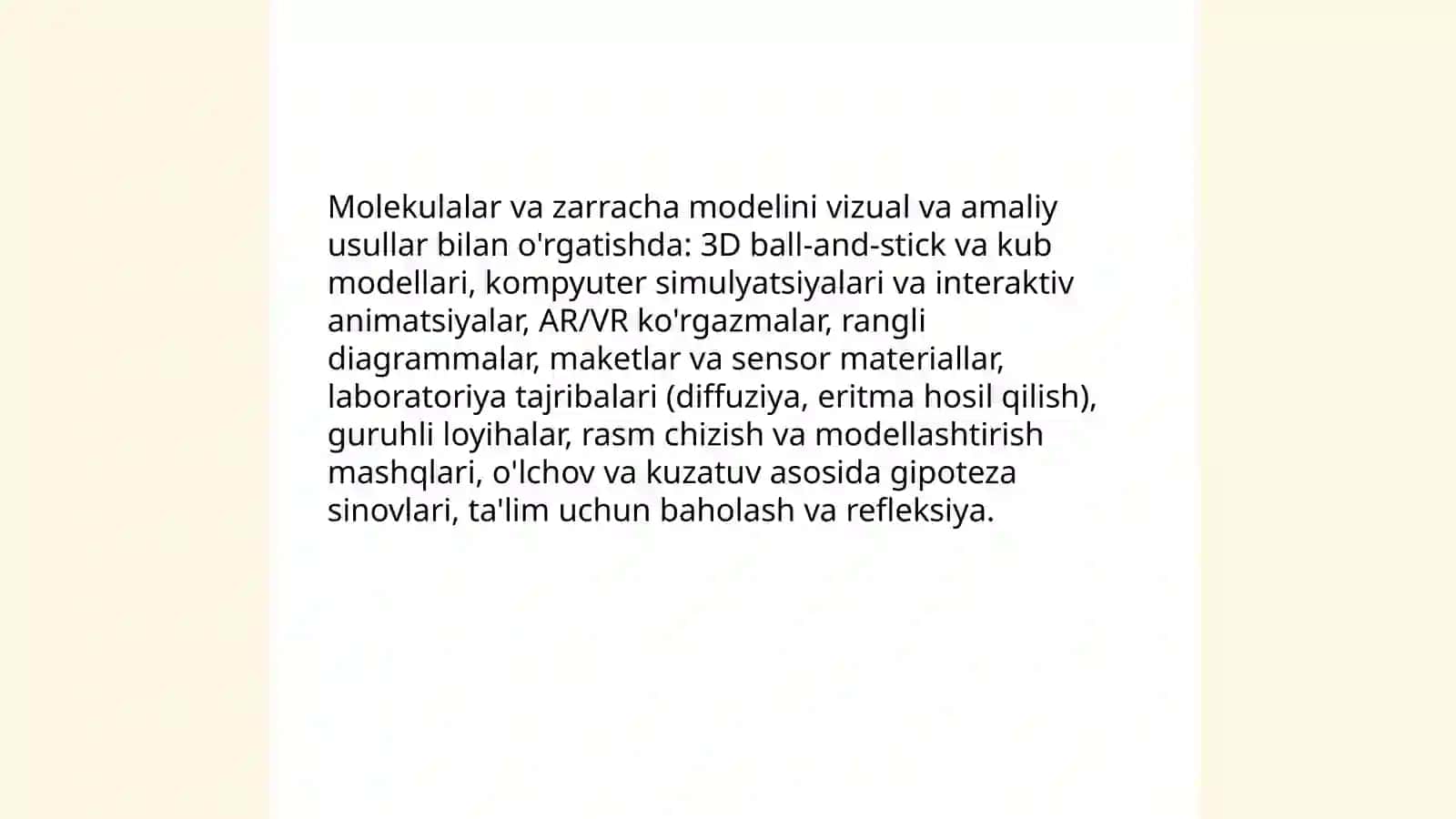 4.7-sinfda atom molekulyar ta'limot va kimyoning asosiy tushuncha, qoidalarini o'qitish metodikasi 4
