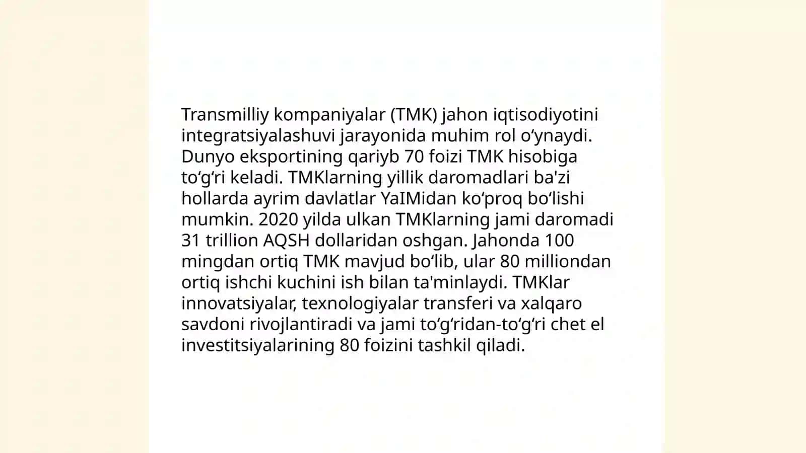 Transmilliy kompaniyalarning jahon xo'jaligidagi roli 4